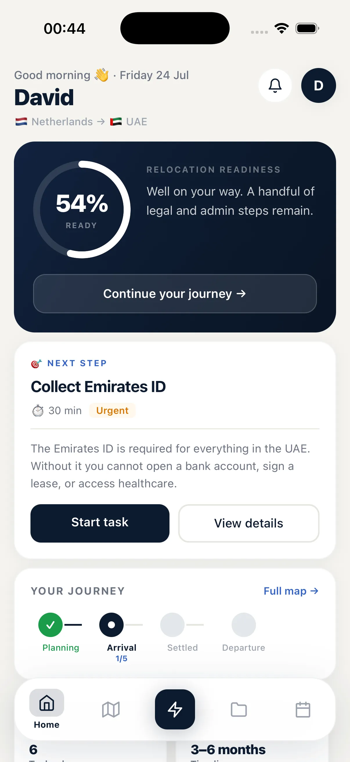 Relocate+ app dashboard showing relocation roadmap